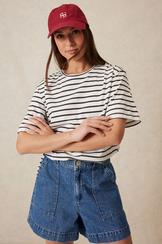 Longline Step Hem Tee - Vanilla/Phantom Fine Stripe