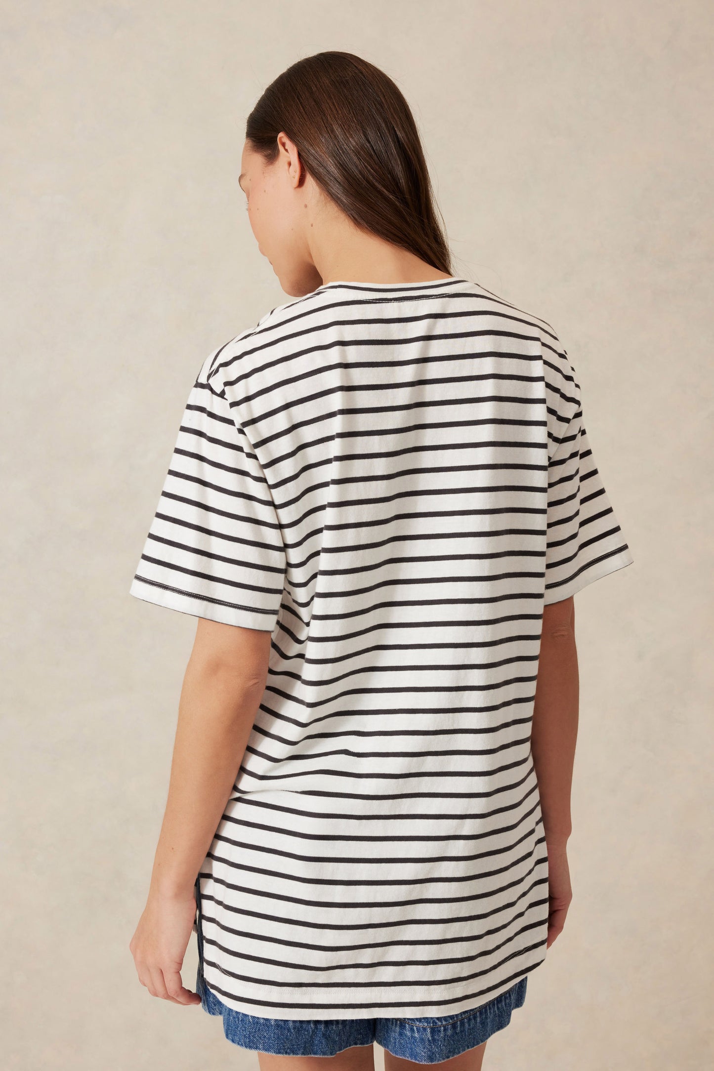 Longline Step Hem Tee - Vanilla/Phantom Fine Stripe