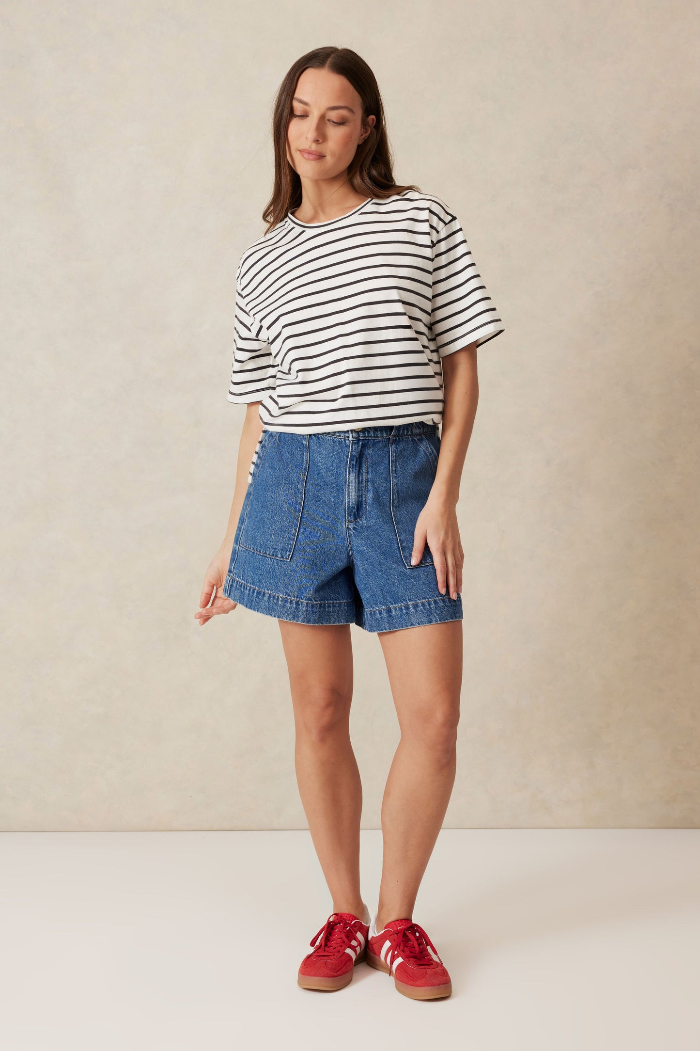 Longline Step Hem Tee - Vanilla/Phantom Fine Stripe