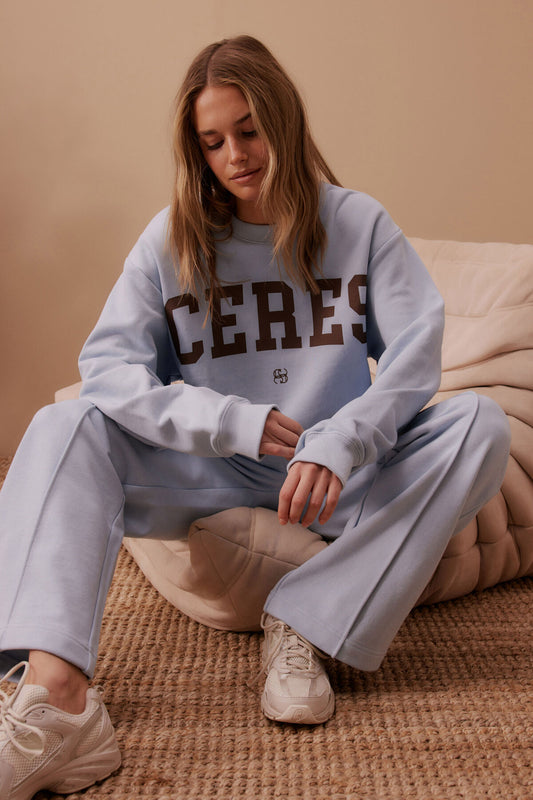 Isla Oversized Slouchy Crew - Chalk blue heritage logo