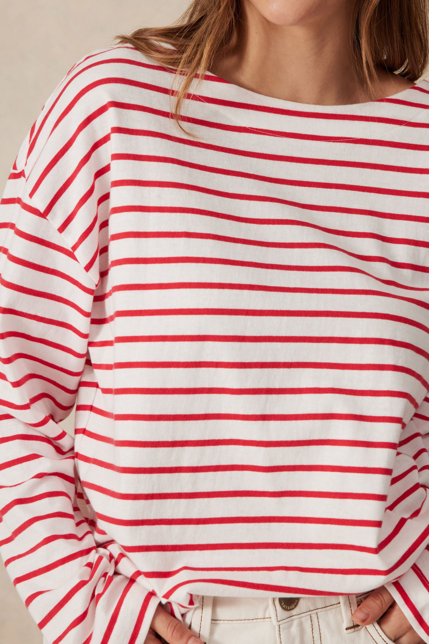 Slouchy Long Sleeve Boat Neck Tee - Heritage Red Stripe
