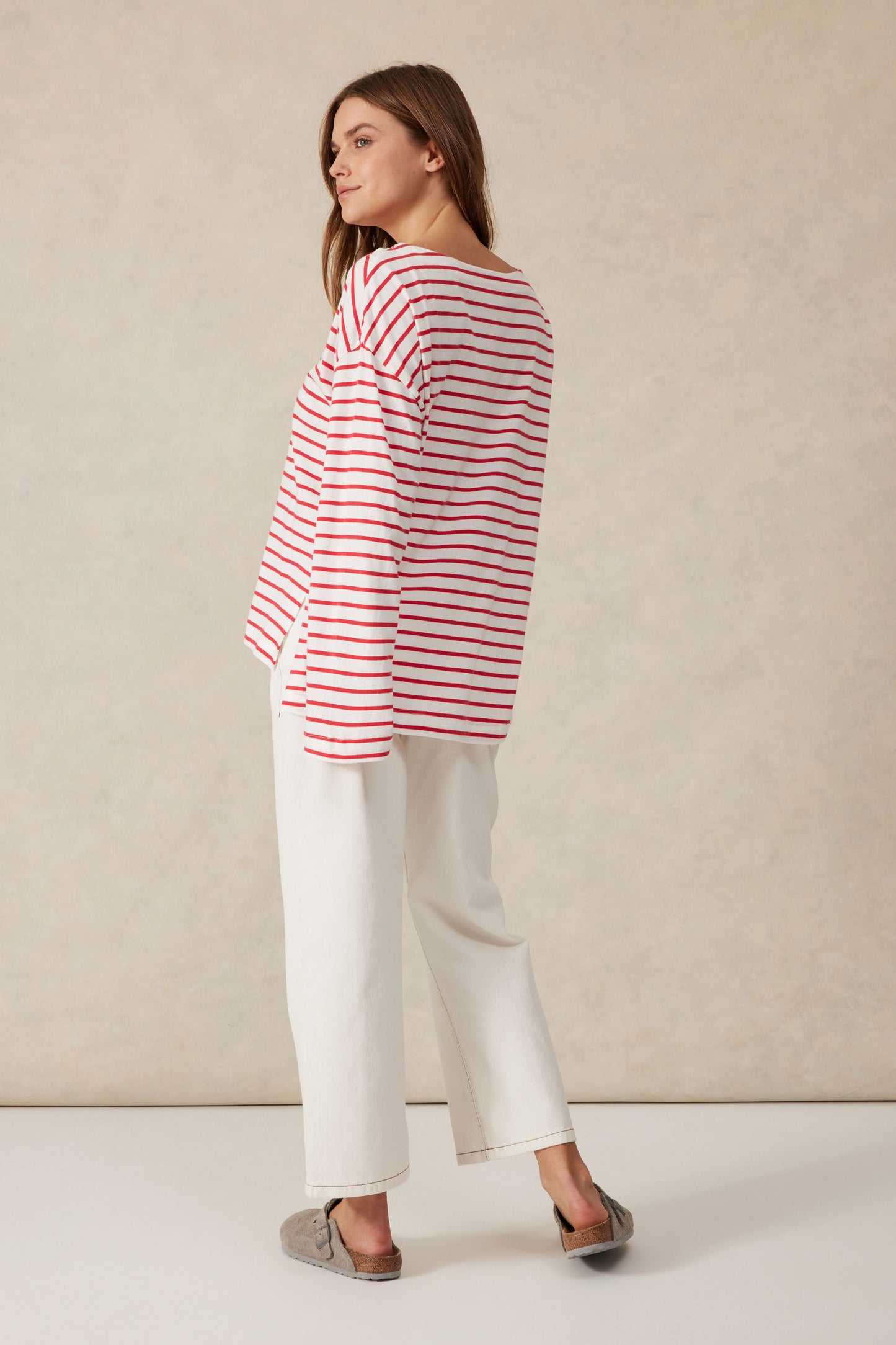 Slouchy Long Sleeve Boat Neck Tee - Heritage Red Stripe