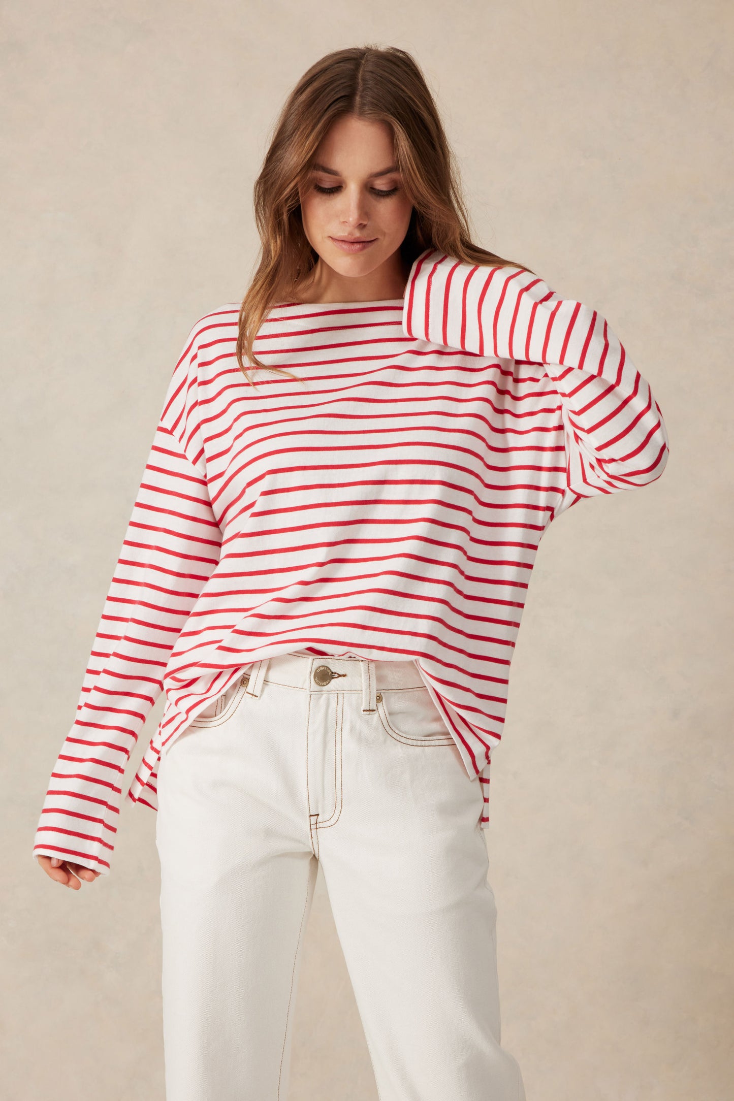 Slouchy Long Sleeve Boat Neck Tee - Heritage Red Stripe