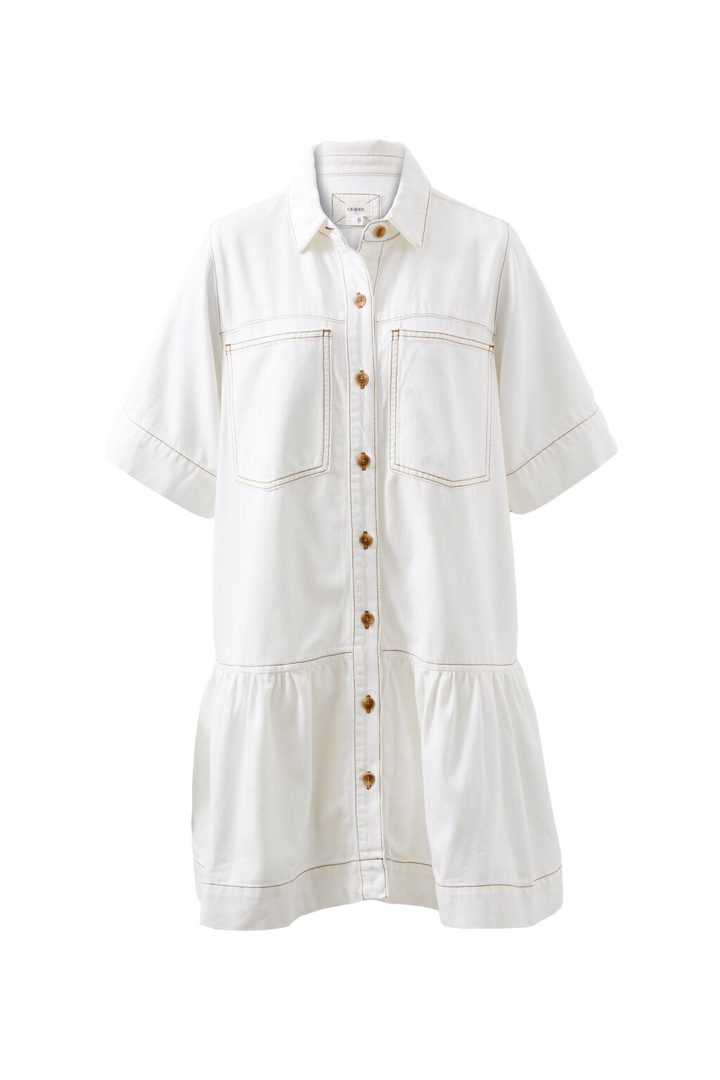 Short Sleeve Tiered Pocket Shirt Dress - White
