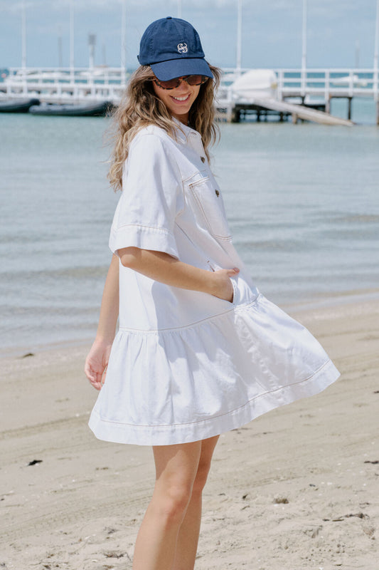 Short Sleeve Tiered Pocket Shirt Dress - White
