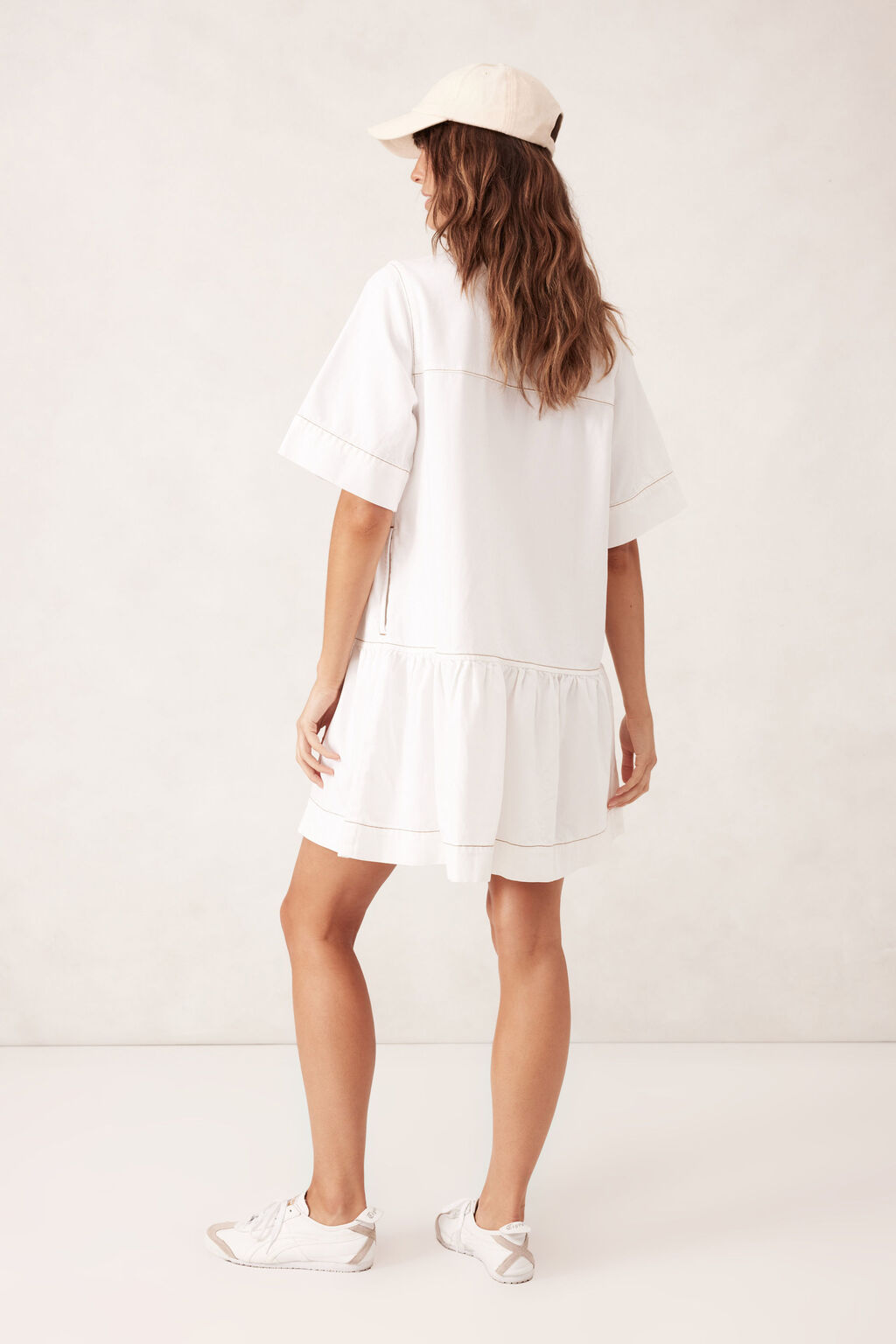 Short Sleeve Tiered Pocket Shirt Dress - White