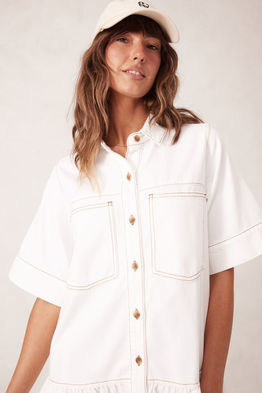 Short Sleeve Tiered Pocket Shirt Dress - White