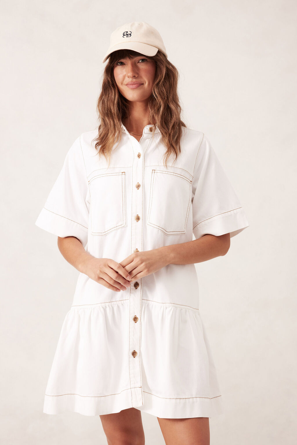 Short Sleeve Tiered Pocket Shirt Dress - White