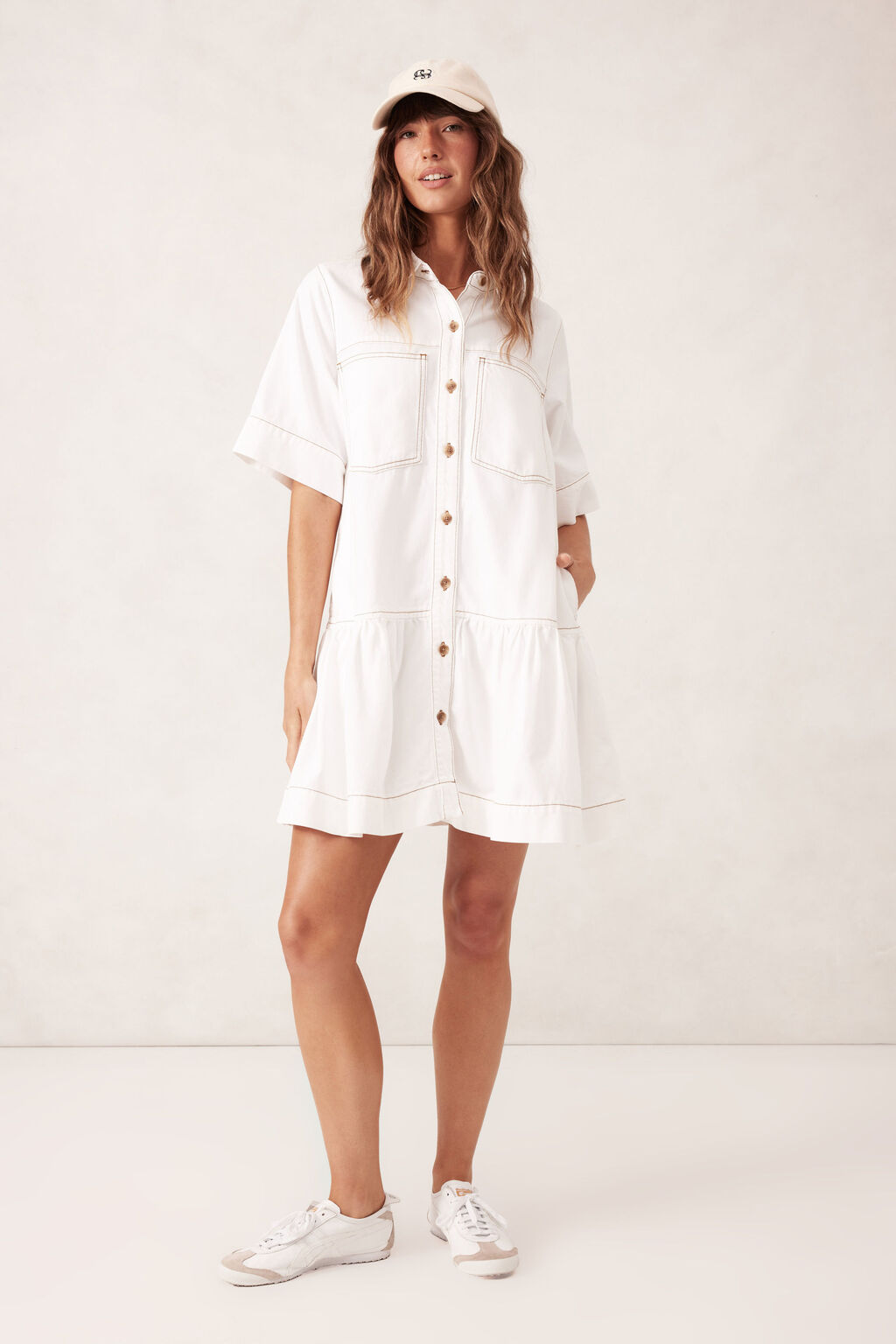Short Sleeve Tiered Pocket Shirt Dress - White