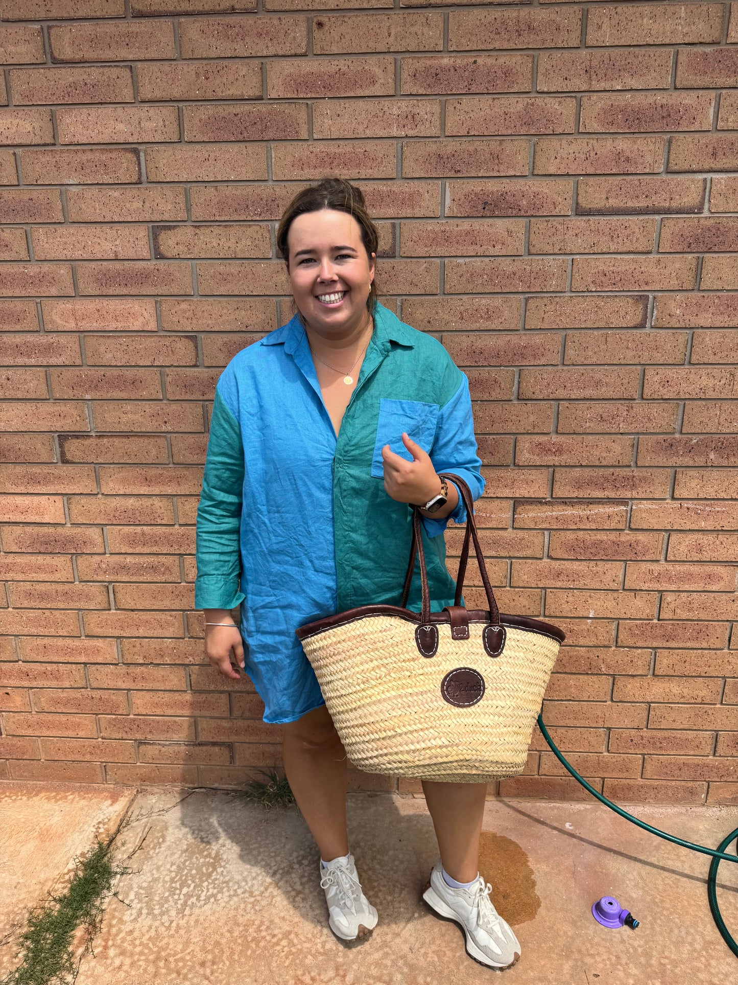 LOLA & ME // Linen Two Tone Shirt Dress - Teal/Green