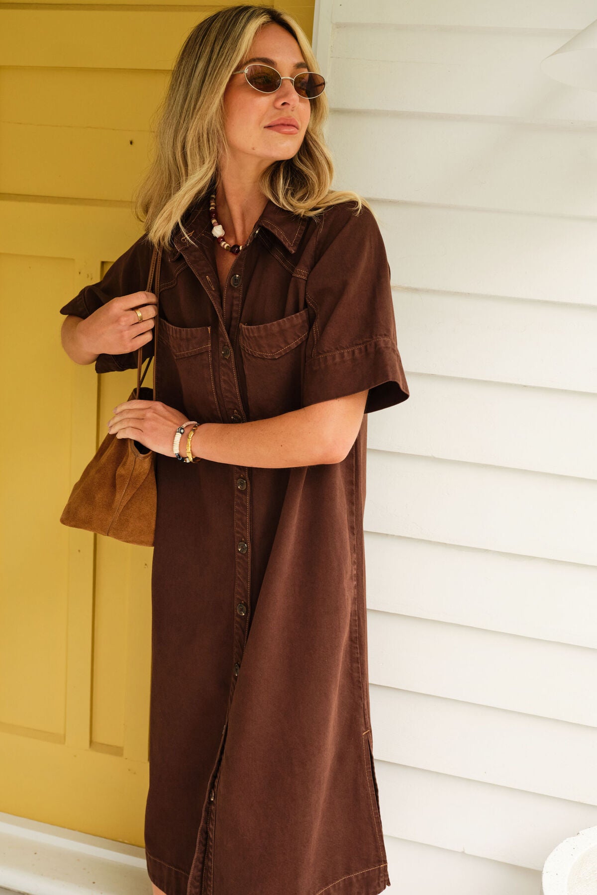 Ava Shirt Sleeve Midi Dress - Chocolate