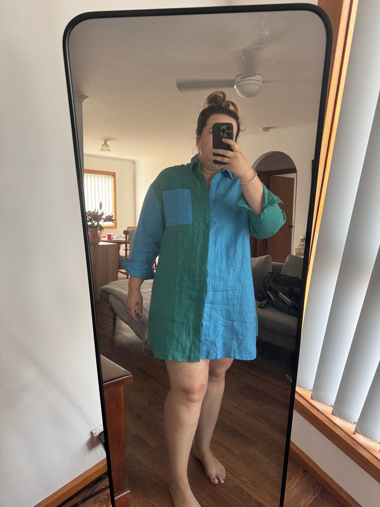 LOLA & ME // Linen Two Tone Shirt Dress - Teal/Green