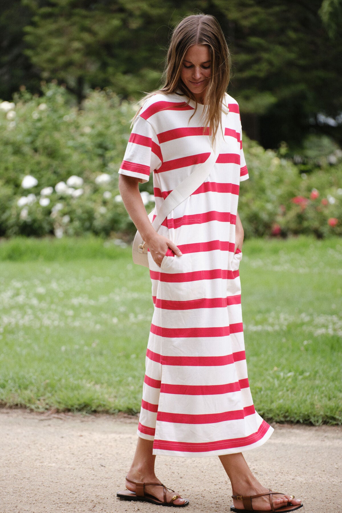 Midi Terry Dress - White Red Bold Stripe