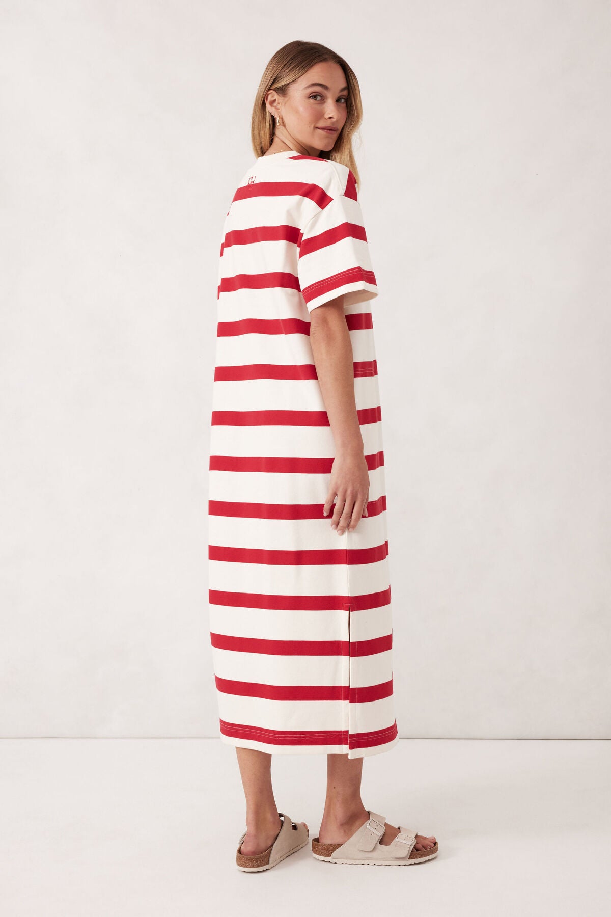 Midi Terry Dress - White Red Bold Stripe