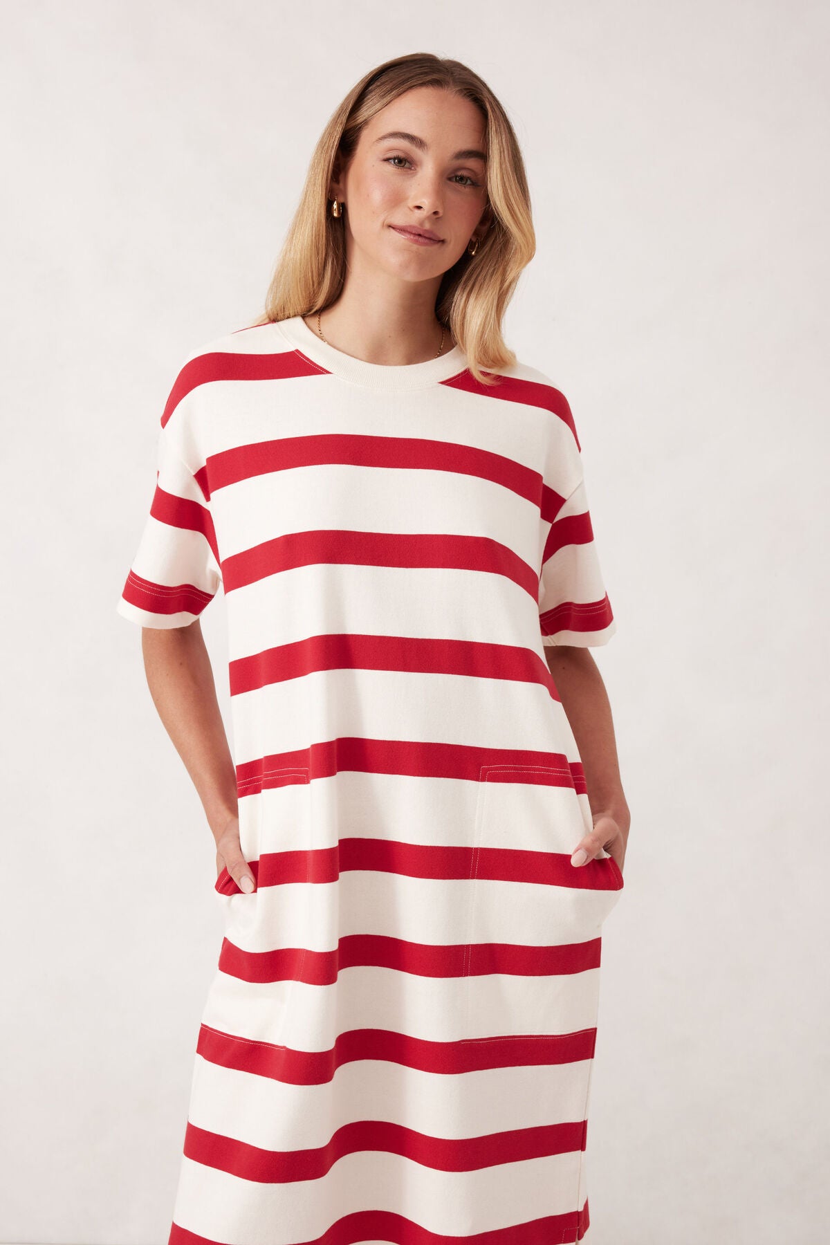 Midi Terry Dress - White Red Bold Stripe