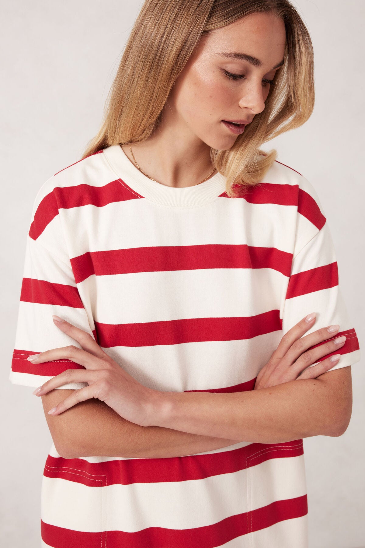 Midi Terry Dress - White Red Bold Stripe