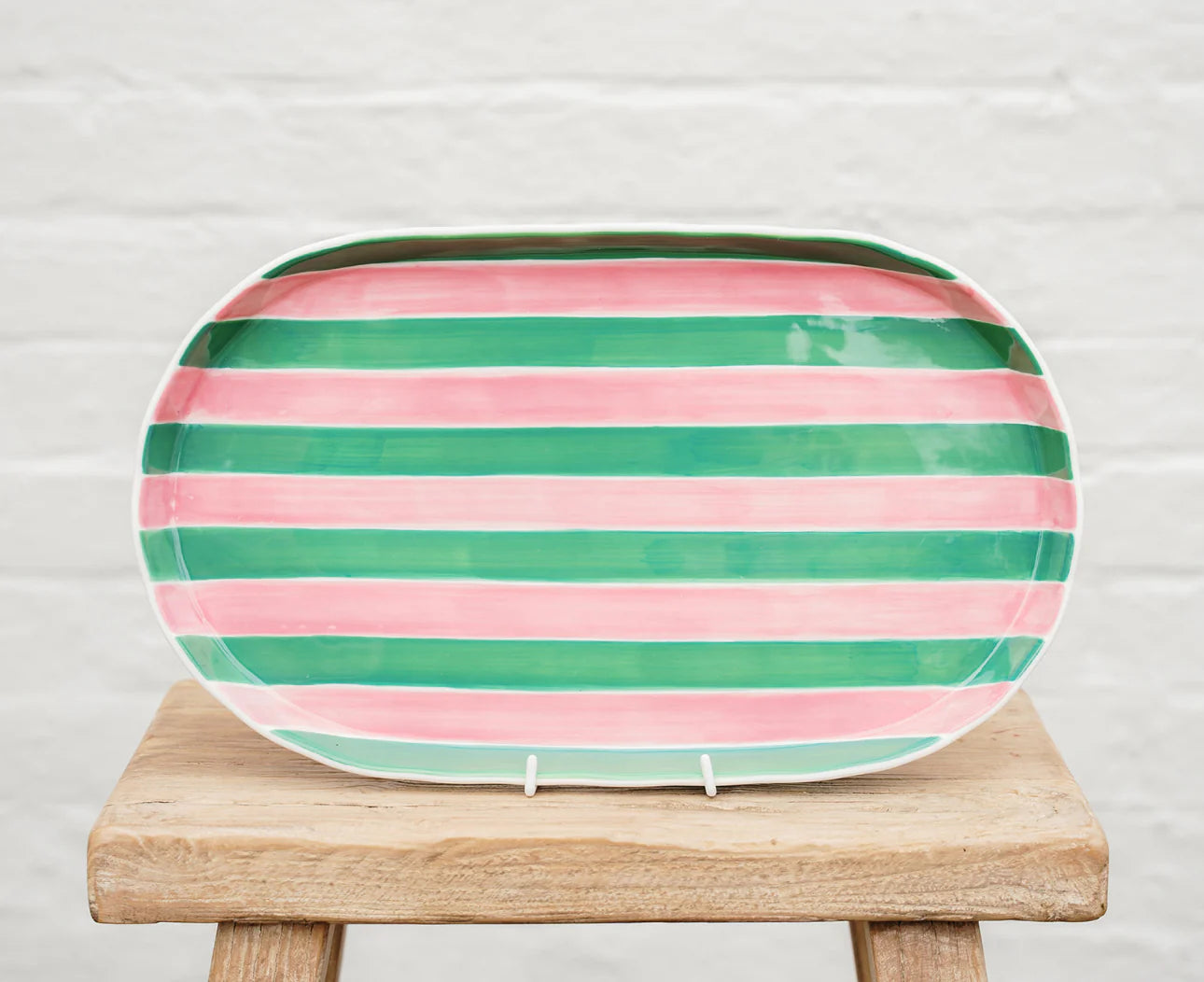 Oval Platter - Pink & green stripes