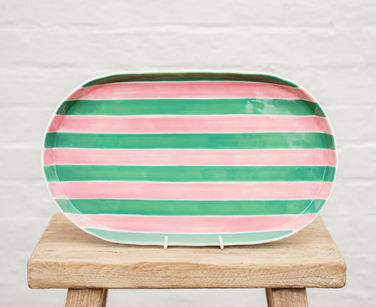 Oval Platter - Pink & green stripes