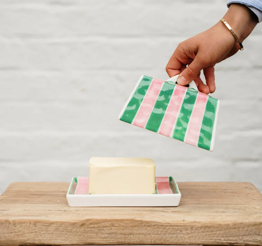 Large Butter Dish - Pink & Green Stripe