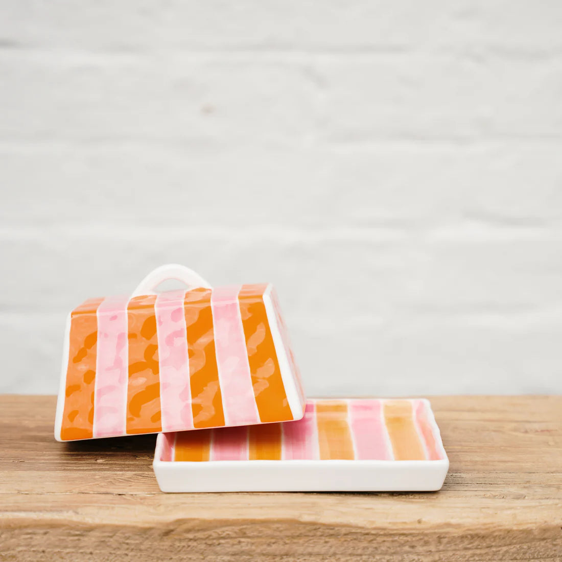 Large Butter Dish - Orange & Pink Stripe