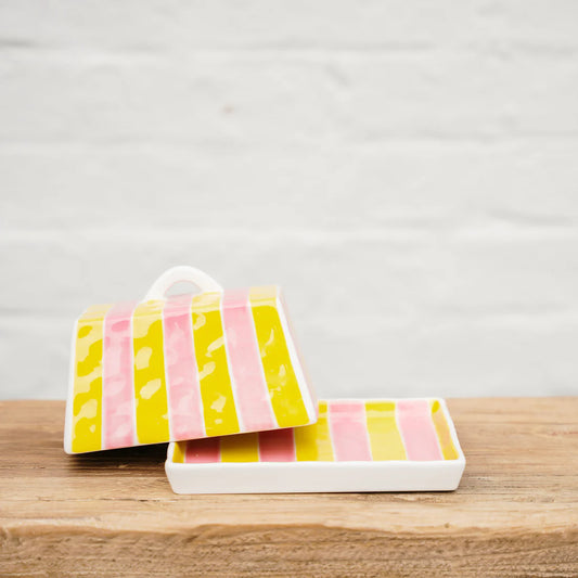 Large Butter Dish - Pink & Yellow Stripe