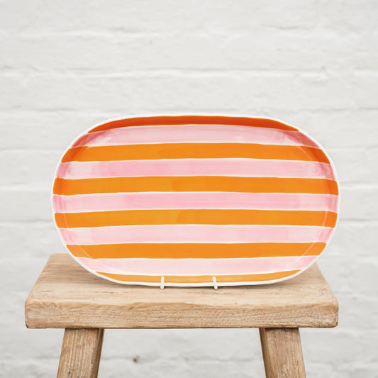 Oval Platter - Pink & Orange Stripes