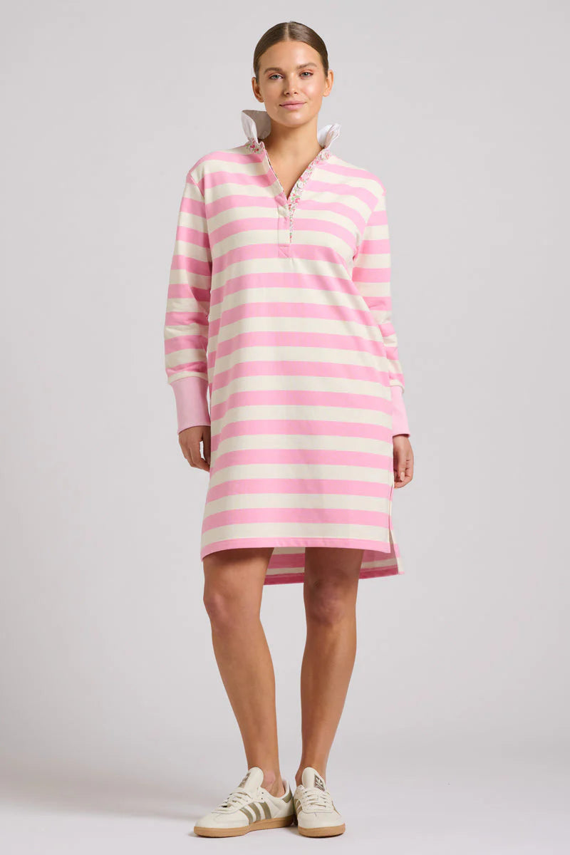 Rugby Frill Collar Dress - Pink White Stripe