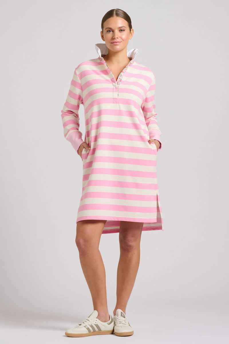 Rugby Frill Collar Dress - Pink White Stripe