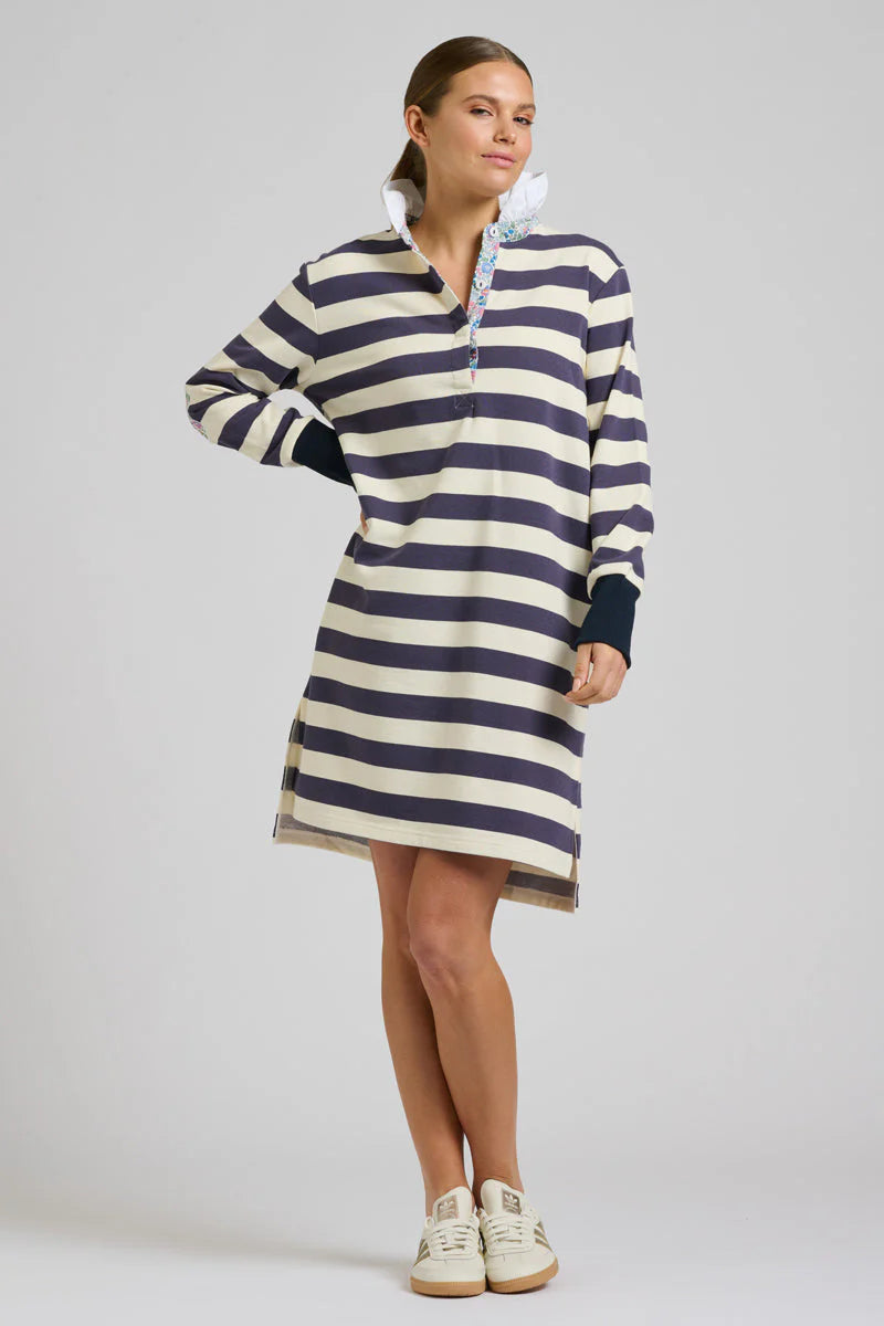 Rugby Frill Collar Dress - Navy White Stripe