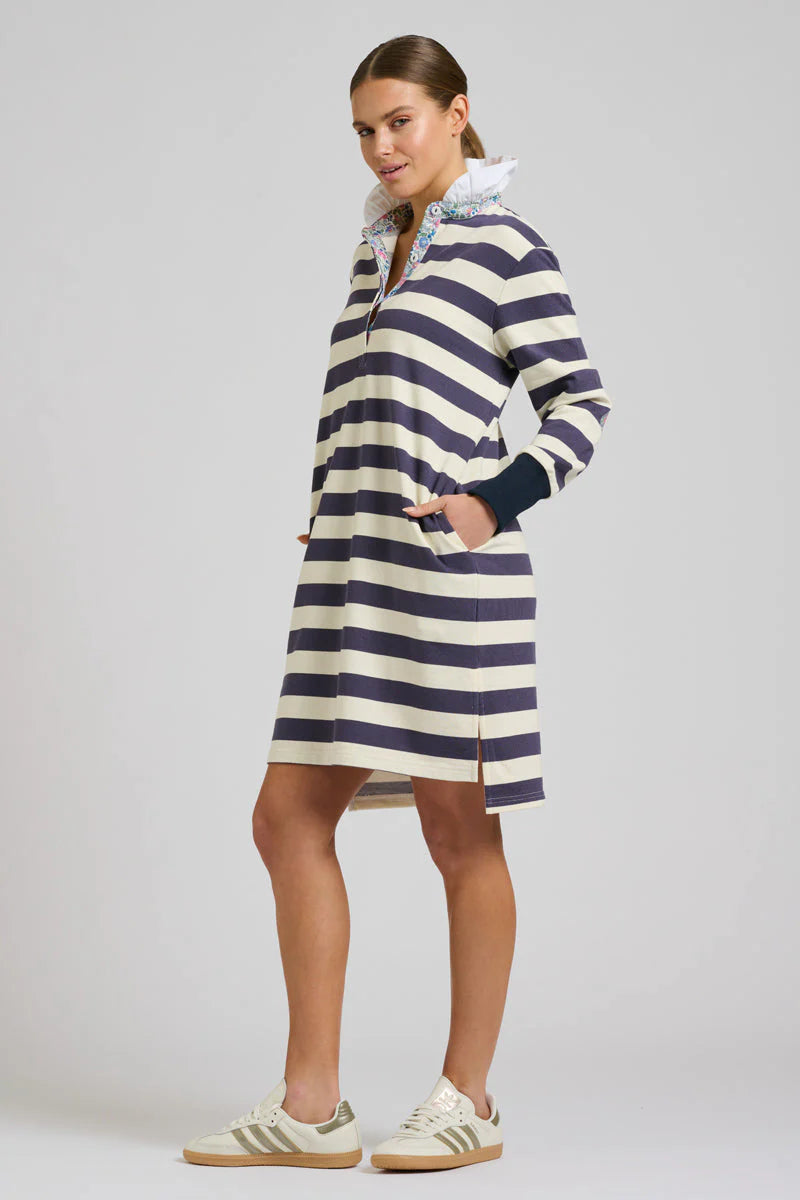 Rugby Frill Collar Dress - Navy White Stripe
