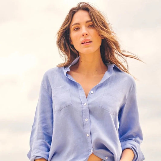 The Girlfriend Relaxed Linen Shirt - Cornflower (Size Medium)