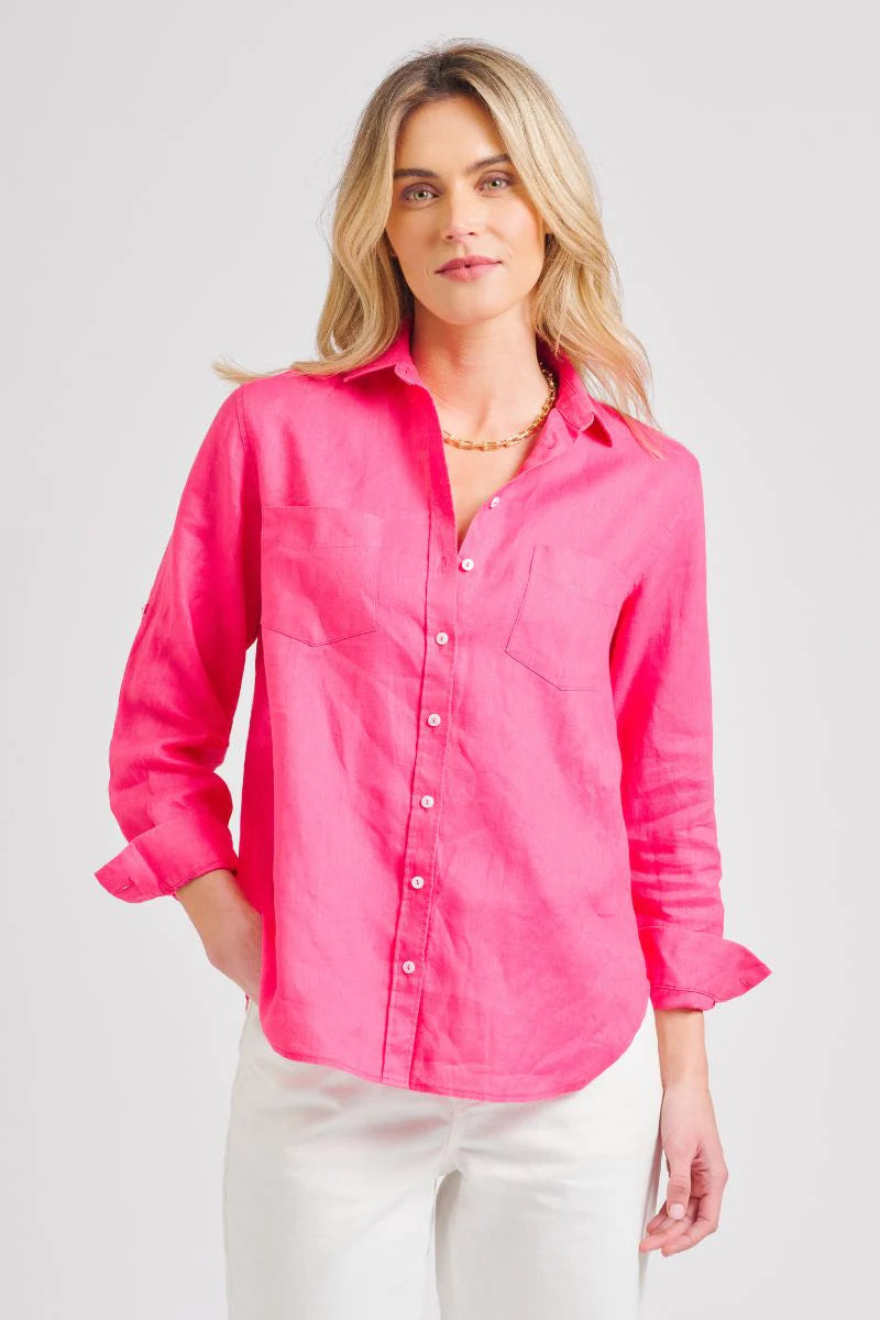 The Girlfriend Relaxed Linen Shirt - Raspberry (Size XL + XXL)