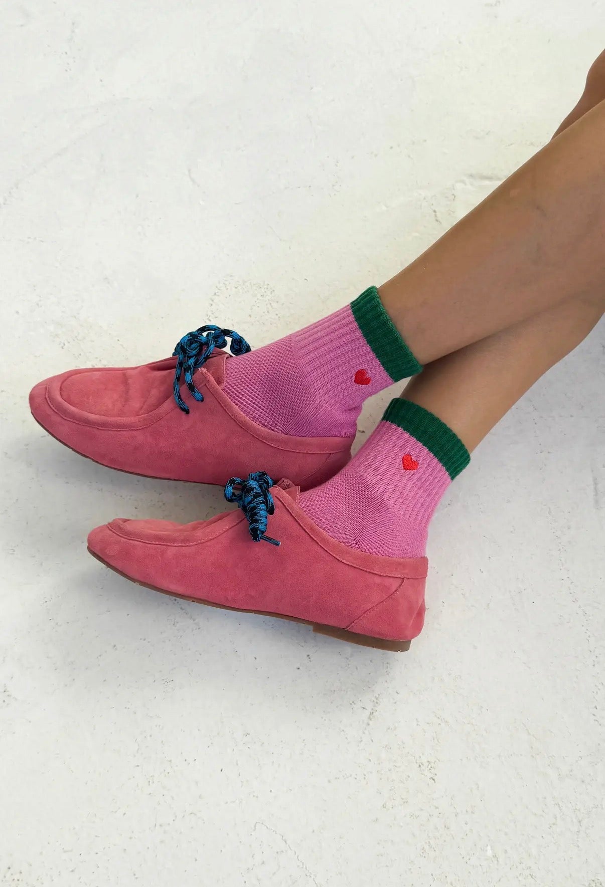 Embroidered Colour Block Girlfriend socks - Rose Green + Heart