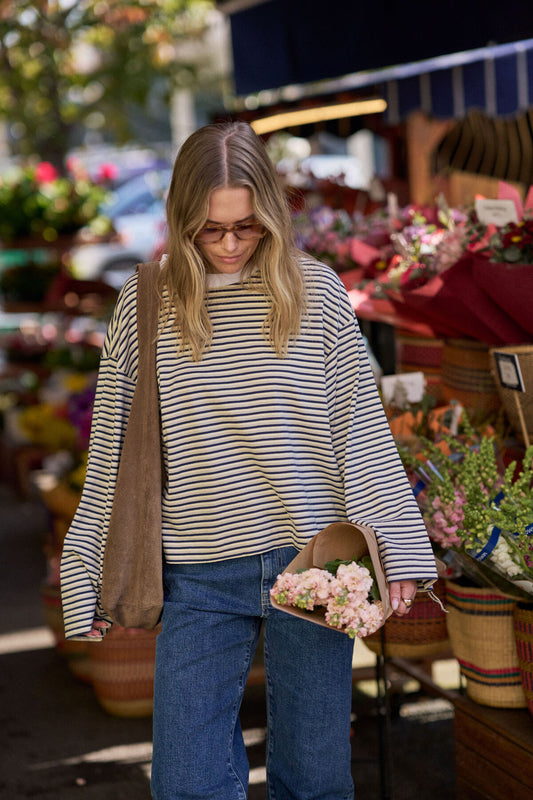 Beau Long Sleeve Slouchy Tee - Heritage navy/butter/stone stripe