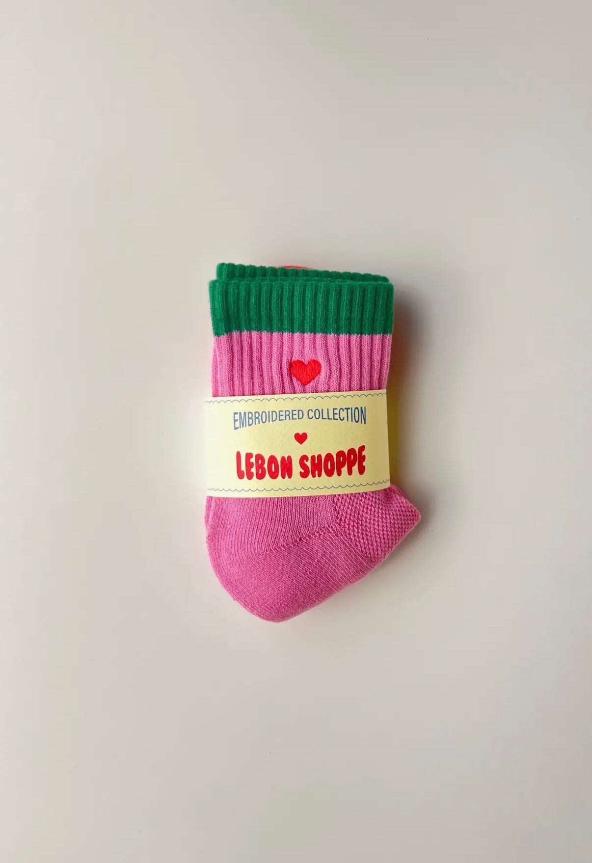 Embroidered Colour Block Girlfriend socks - Rose Green + Heart