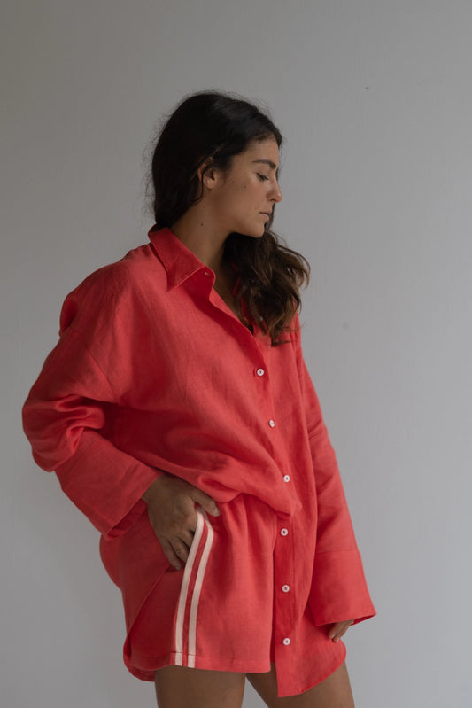 100% Linen Oversized Shirt - Watermelon