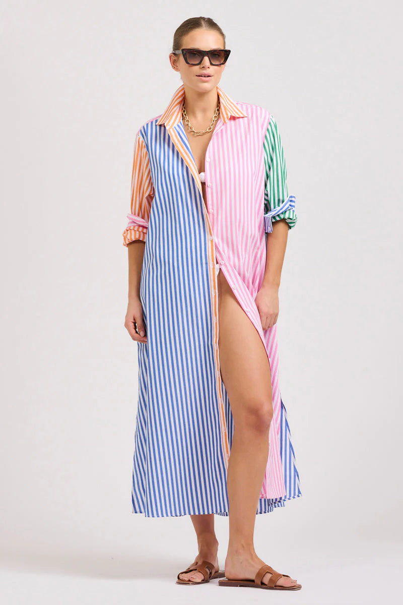 The Luna Oversized Long Shirtdress - Bright Stripe Combo