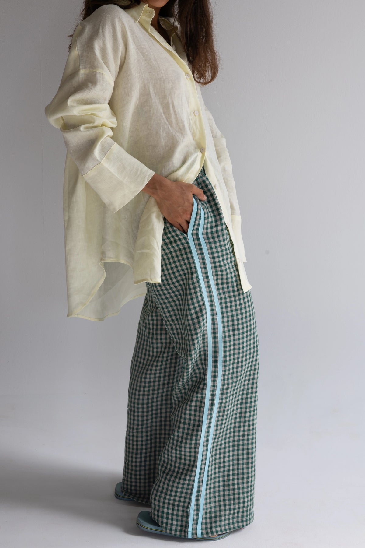 100% Linen Pant - Green Check