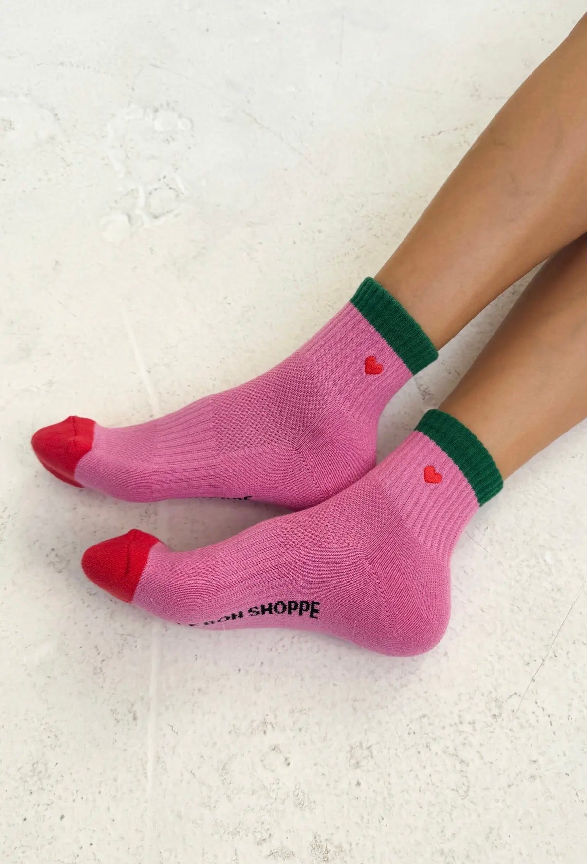 Embroidered Colour Block Girlfriend socks - Rose Green + Heart