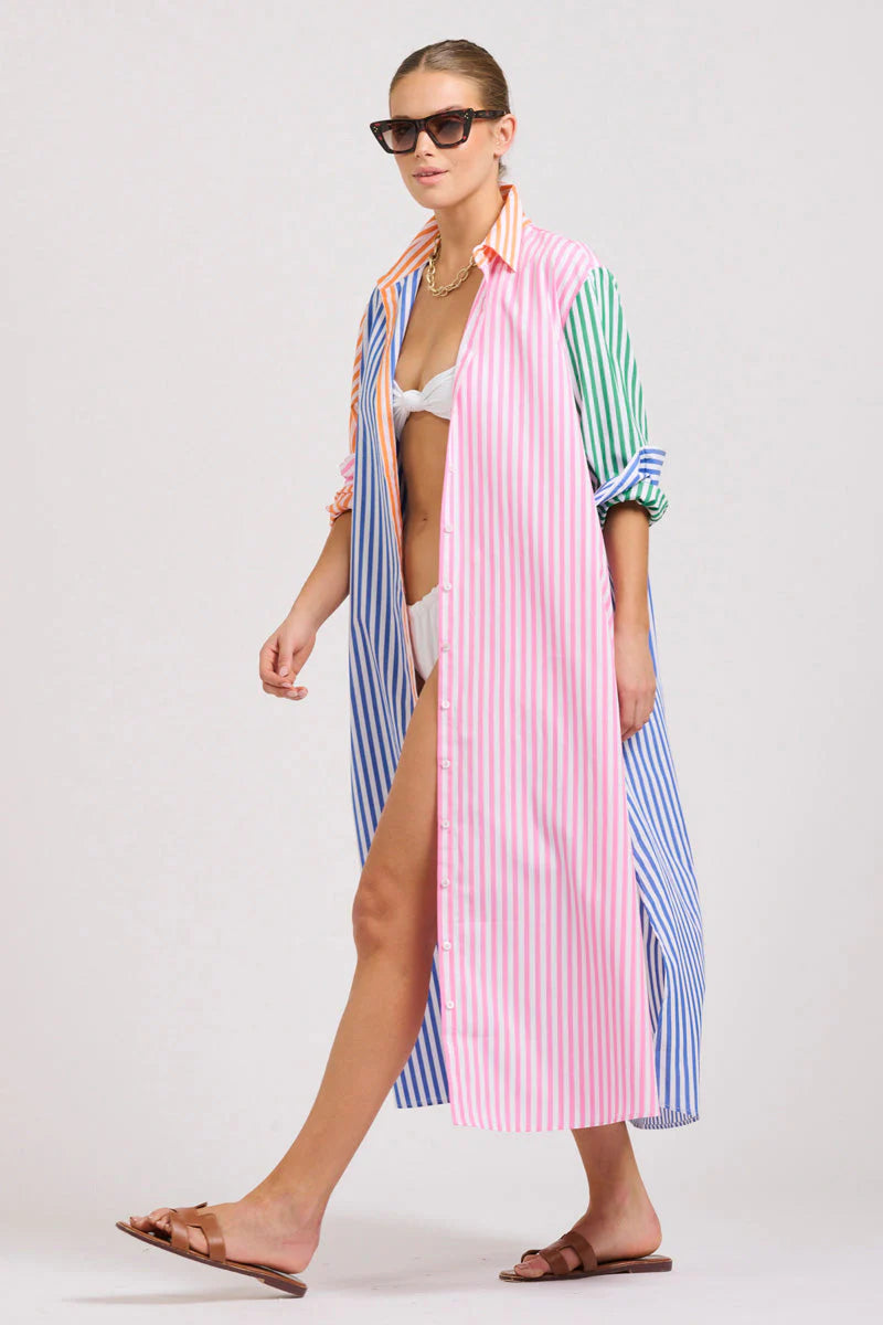 The Luna Oversized Long Shirtdress - Bright Stripe Combo