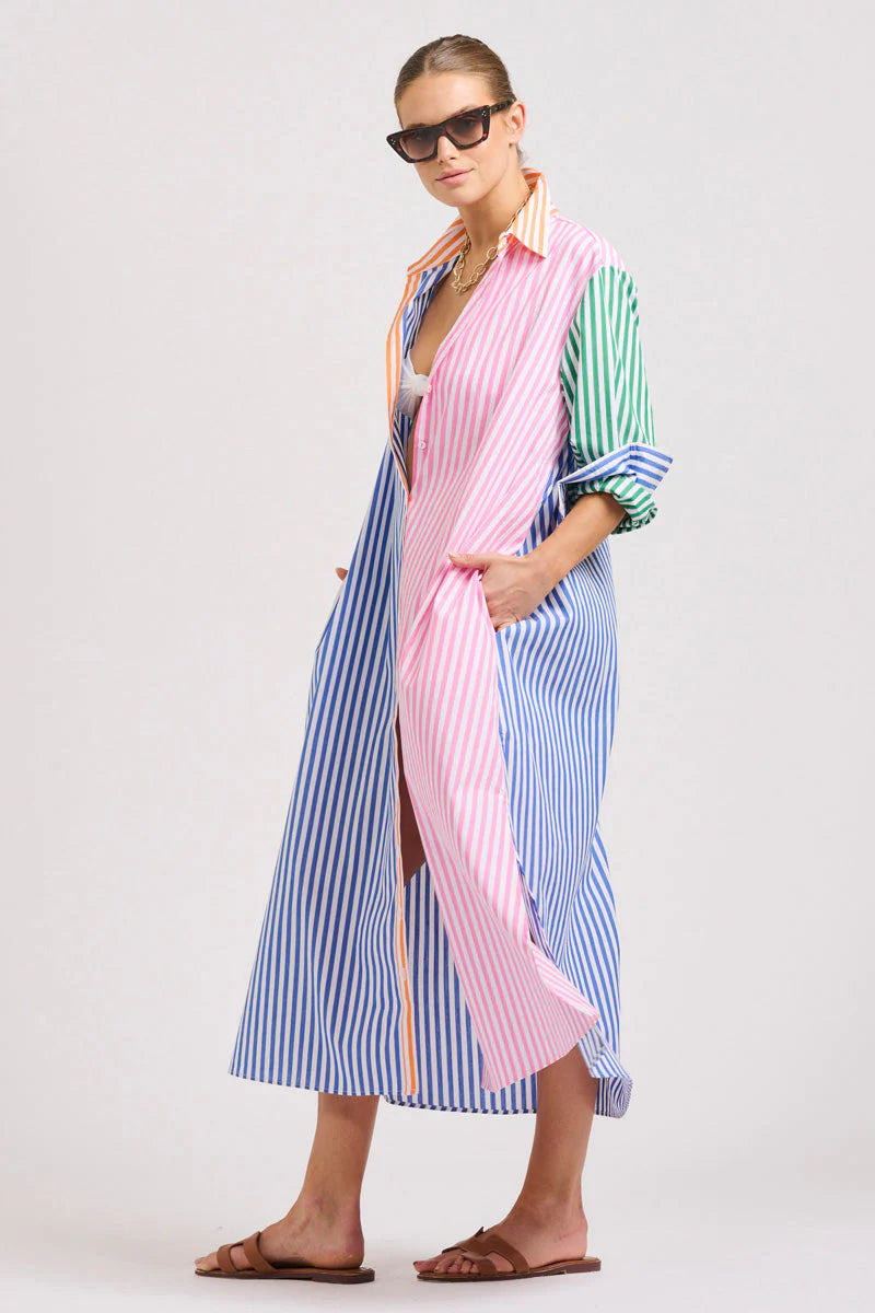 The Luna Oversized Long Shirtdress - Bright Stripe Combo