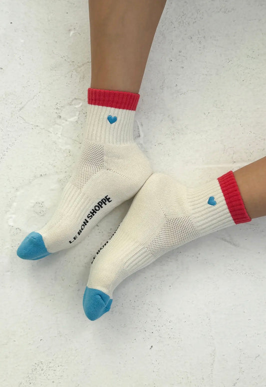 Embroidered Colour Block Girlfriend socks - Red Blue + Heart