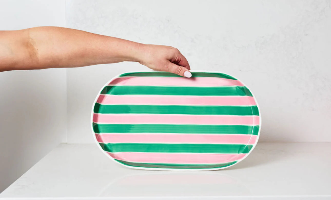 Oval Platter - Pink & green stripes