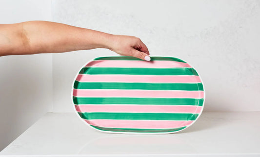 Oval Platter - Pink & green stripes