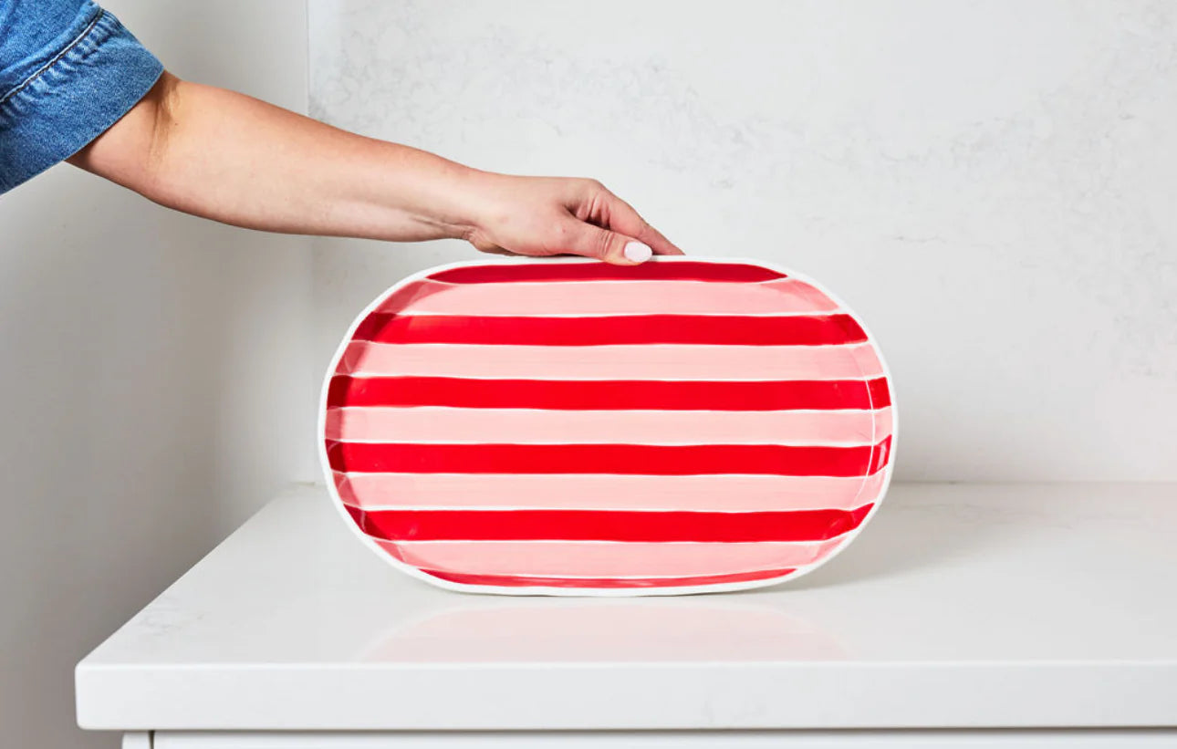 Oval Platter - Pink & Red Stripes