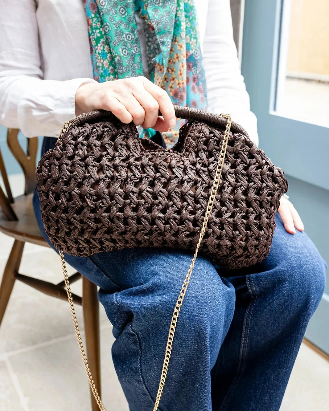 Pippa Raffia Clutch - Chocolate