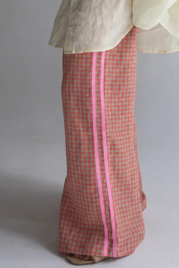 100% Linen Pant - Peach Check (Pink Stripe)