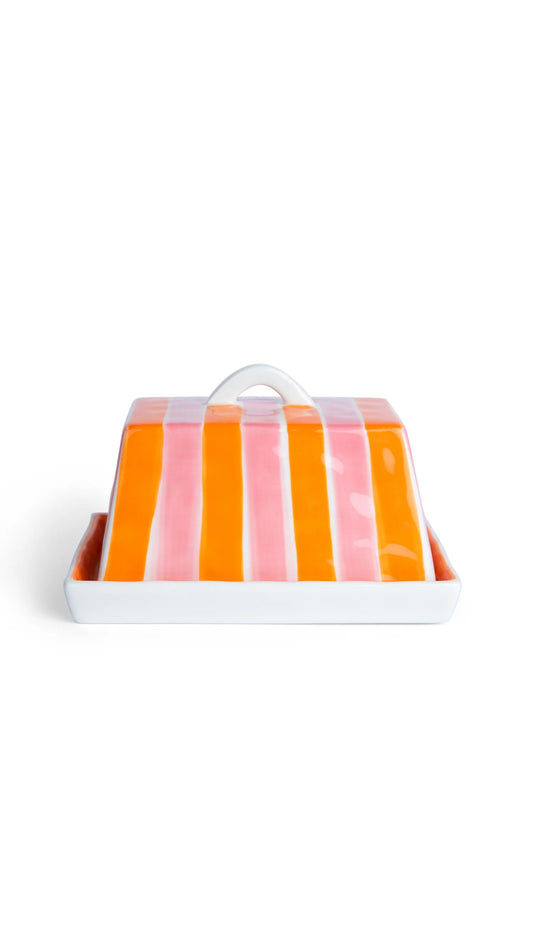 Large Butter Dish - Orange & Pink Stripe