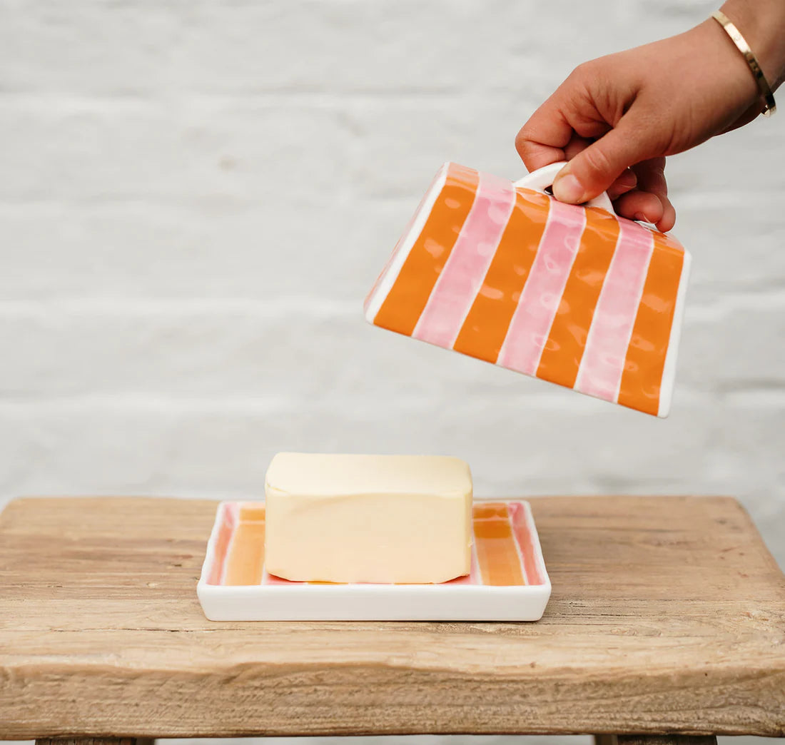 Large Butter Dish - Orange & Pink Stripe
