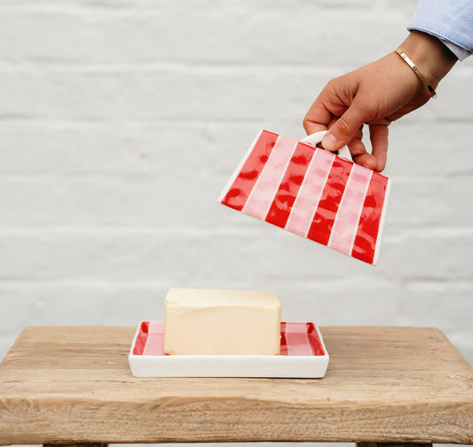 Large Butter Dish - Red & Pink Stripe **Arriving end of August**